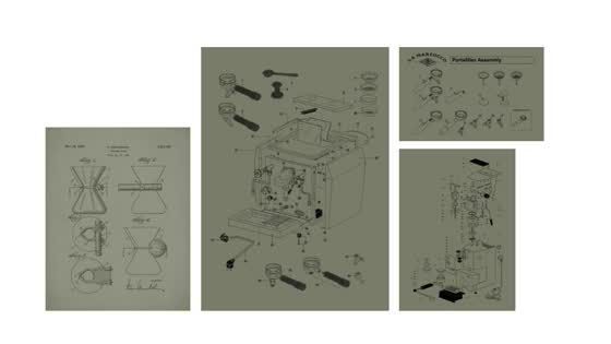Olive posters with blueprint drawings of coffee machines