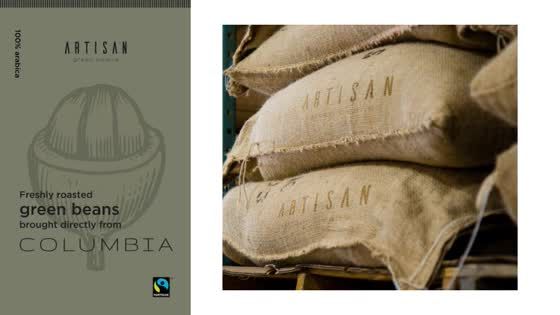 Green coffee packaging and jute sacks with the Artisan mark