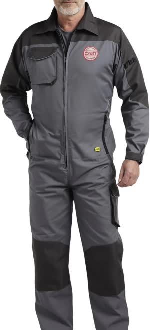 Grey technician overalls with the Craft Coffee badge