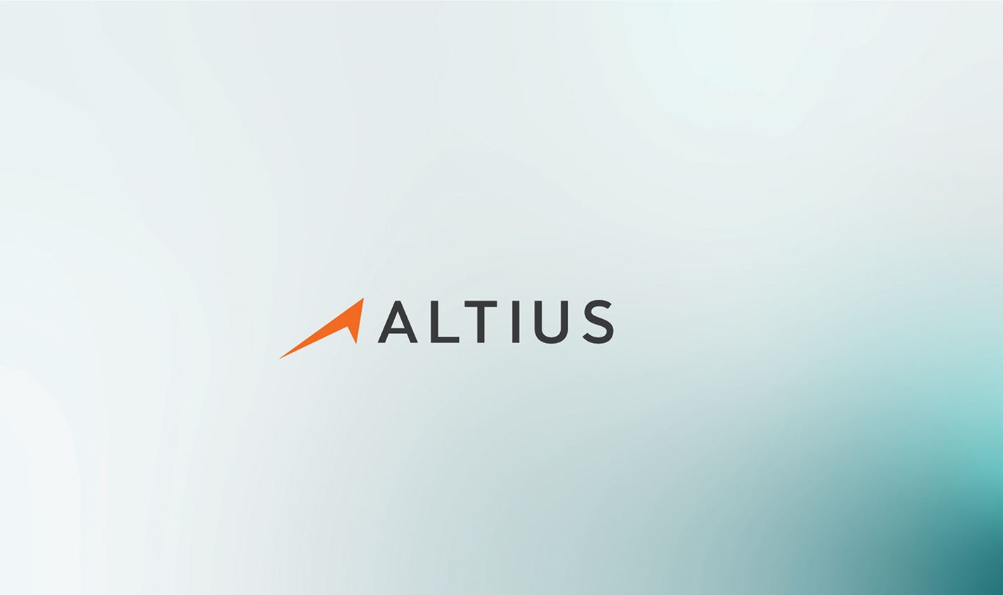 Logotipul ALTIUS cu săgeata portocalie pe un degrade turcoaz