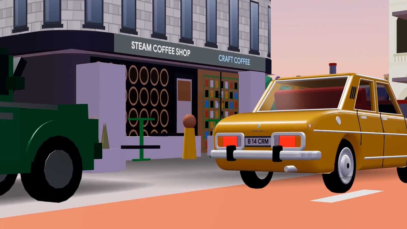 A vintage Dacia 1300 driving through the Cromatic City, our 3D Bucharest, at sunset