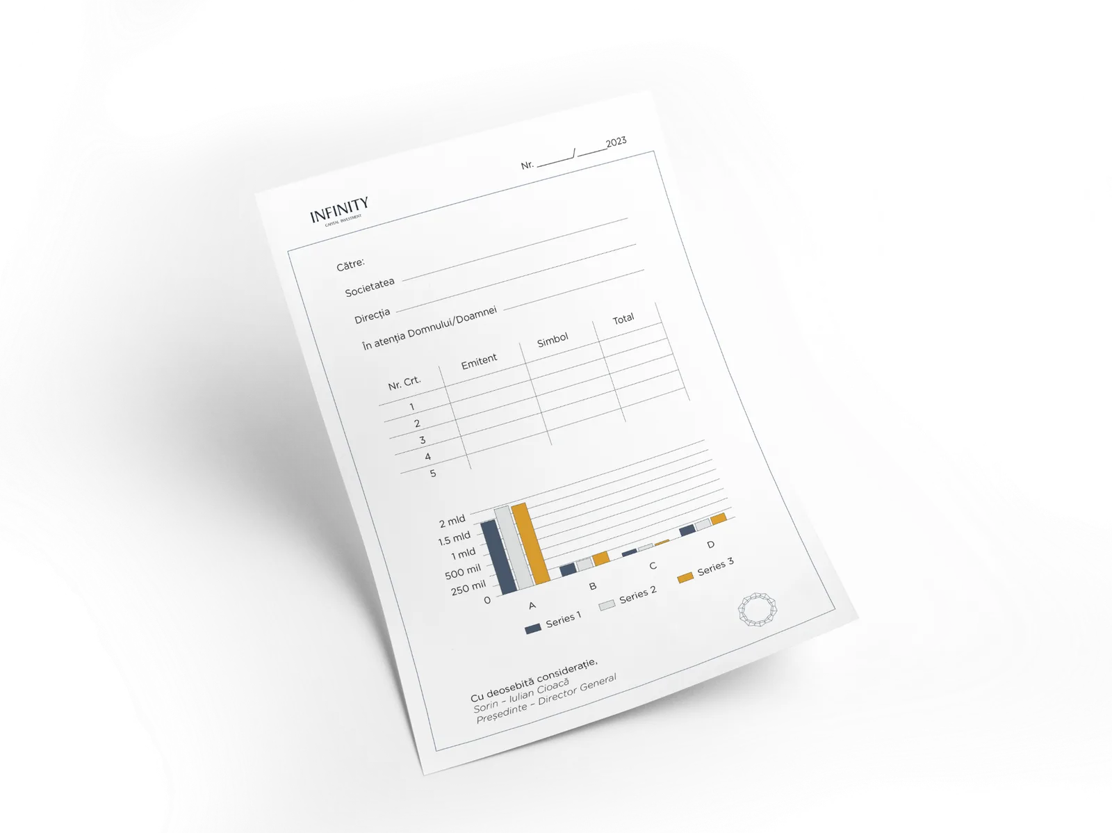 A letter with a table and a bar chart, on a white surface