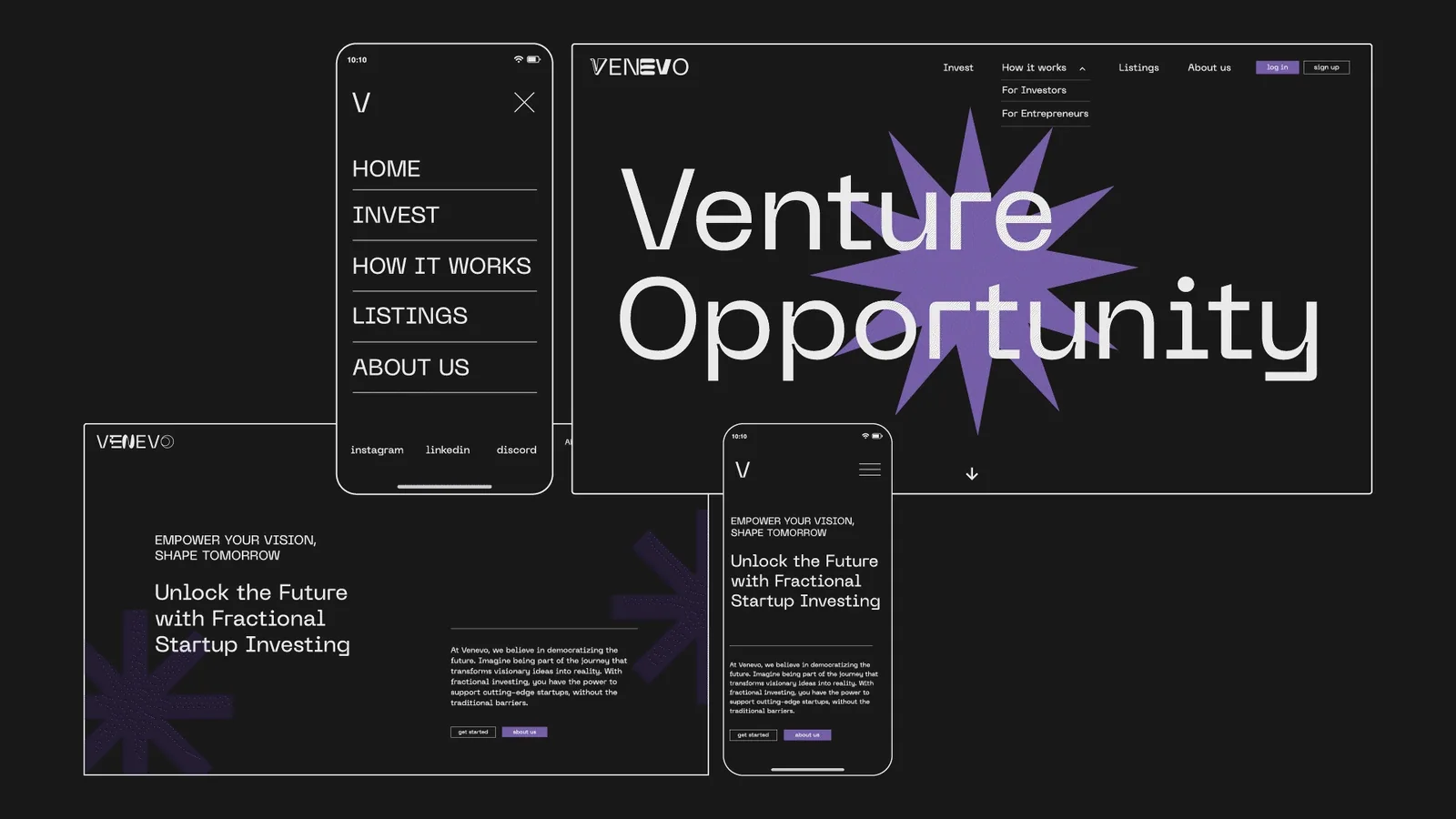 The Venevo homepage on desktop and mobile, the purple star turning behind the headline