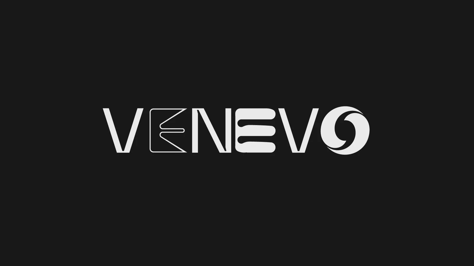 The VENEVO wordmark on black, its letters switching between alternative shapes