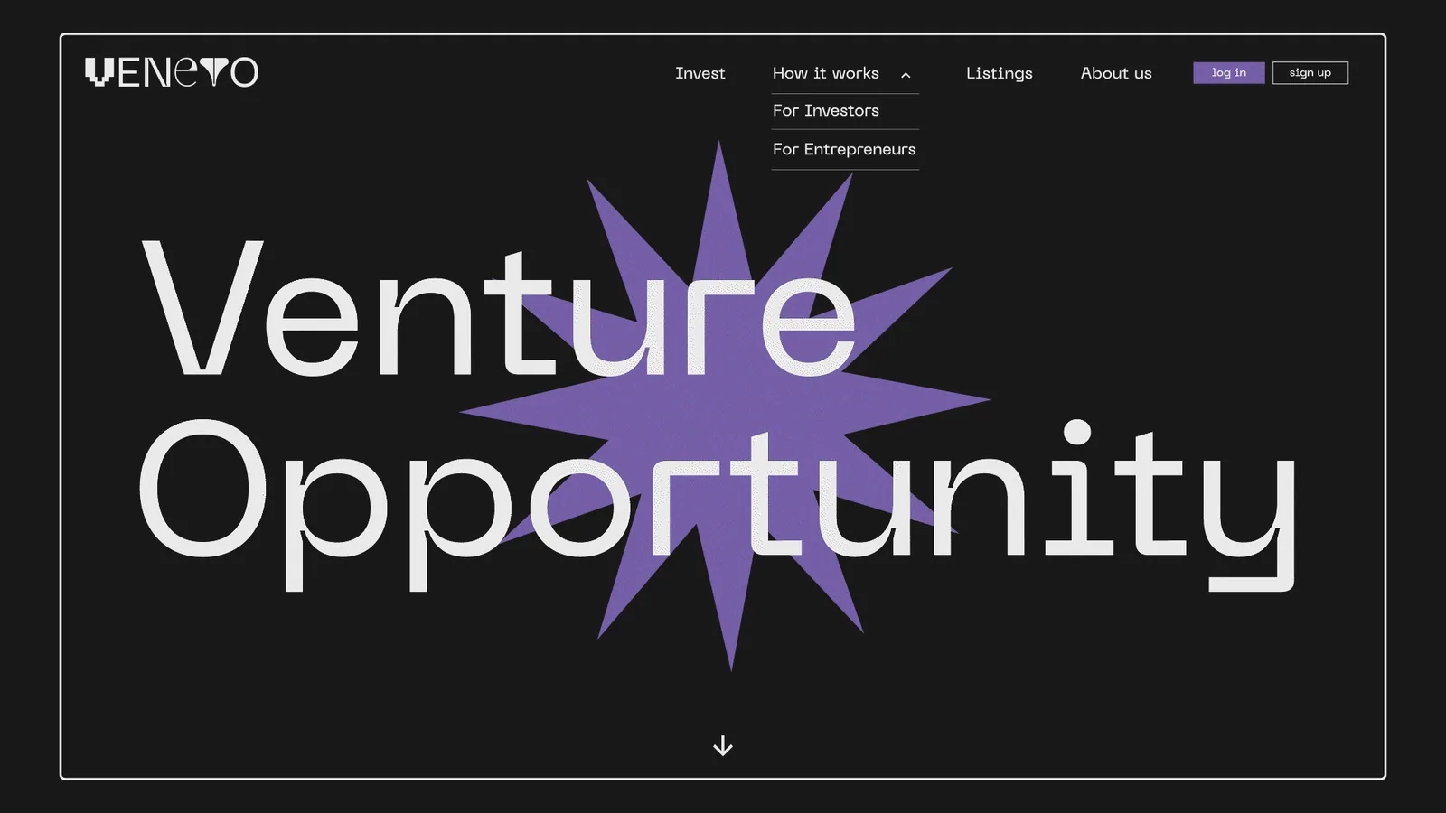 The Venevo homepage: Venture Opportunity in large type over a purple star that turns and changes shape