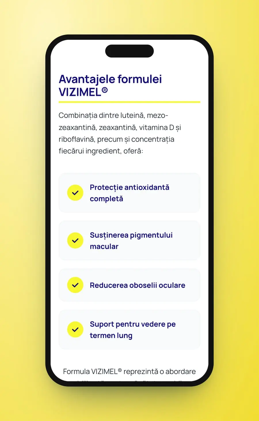 „Avantajele formulei VIZIMEL®” pe telefon: patru dale cu bife galbene, una sub alta