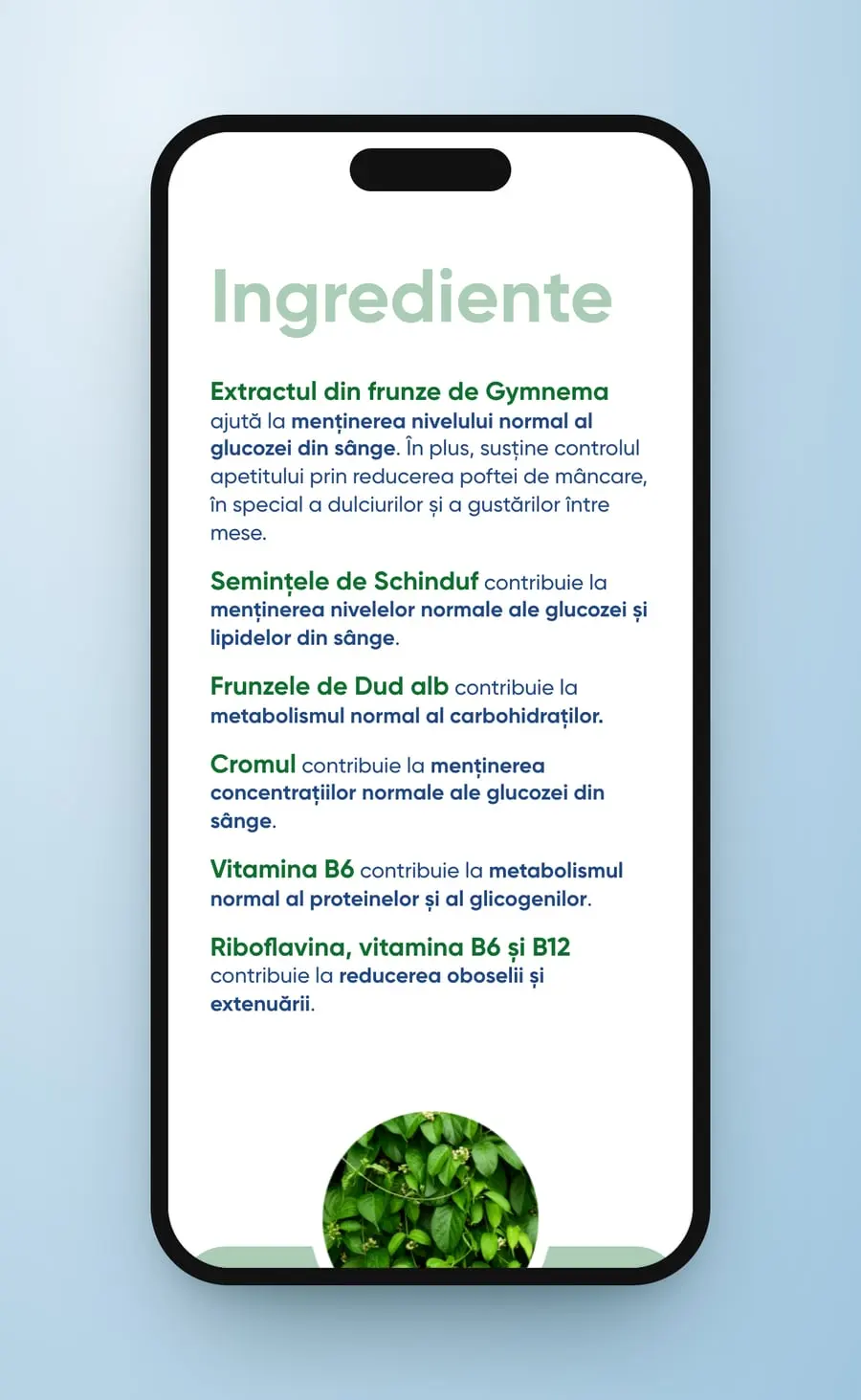 Ingrediente on a phone: gymnema, fenugreek, white mulberry, chromium and B vitamins, in green type