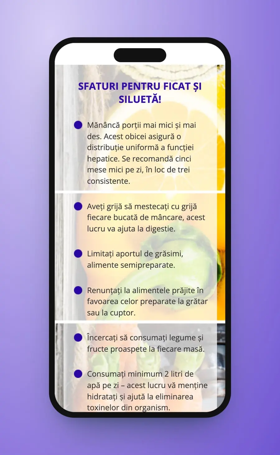 Sfaturi pentru ficat și siluetă! on a phone, the tips over faded photos of fruit and vegetables