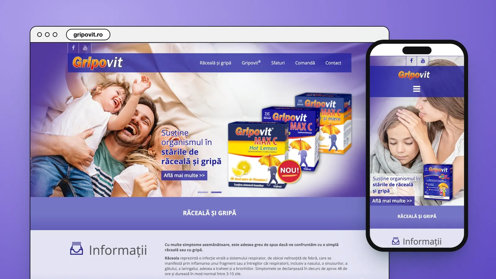 gripovit.ro într-o fereastră de browser și pe telefon: pe desktop, o familie care râde și cutiile Gripovit MAX C, pe telefon, o mamă și fiica ei, sub rândul „Susține organismul în stările de răceală și gripă”