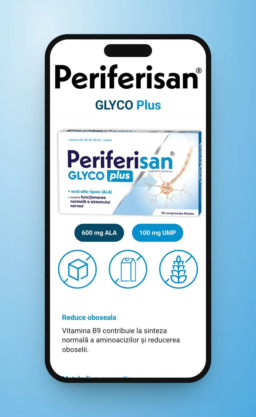 GLYCO Plus on a phone: the box, the 600 mg ALA and 100 mg UMP badges and three icons