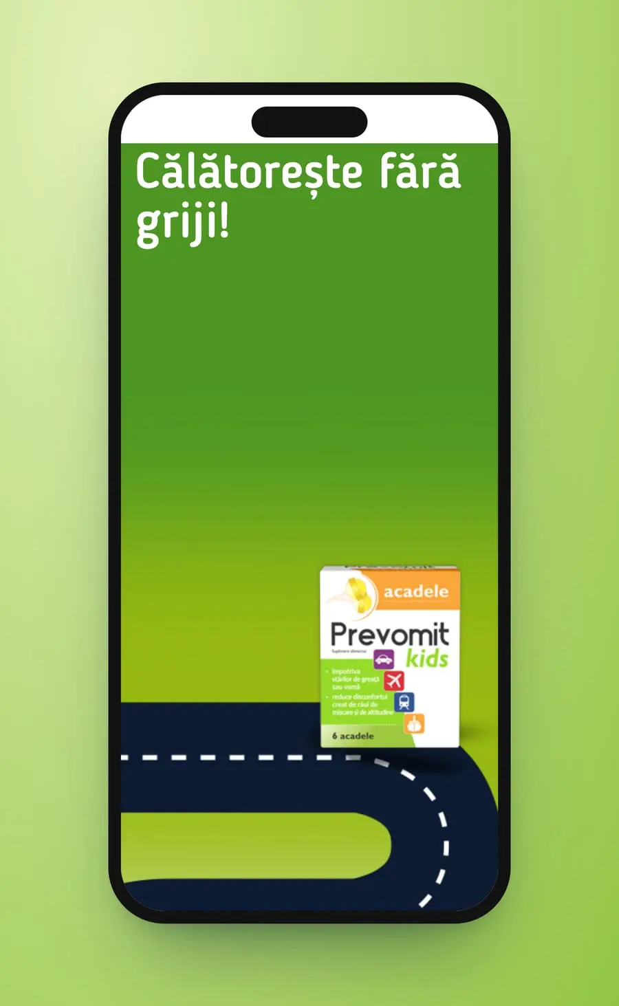 The children's page on a phone: Călătorește fără griji! on green, a box of Prevomit Kids lollipops and a bend of the road