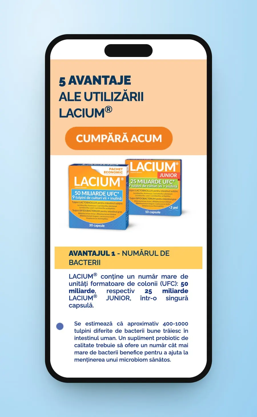 5 avantaje on a phone: the heading, a Cumpără acum button, the two boxes and Avantajul 1