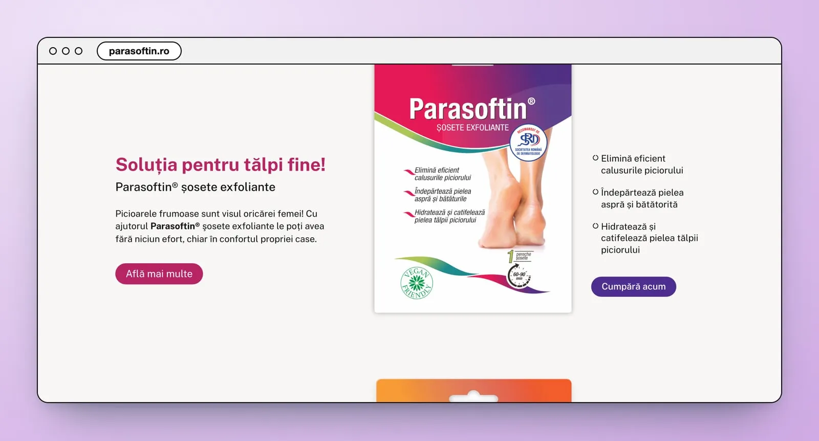 „Soluția pentru tălpi fine!”: ambalajul șosetelor exfoliante Parasoftin, între text și lista cu ce fac