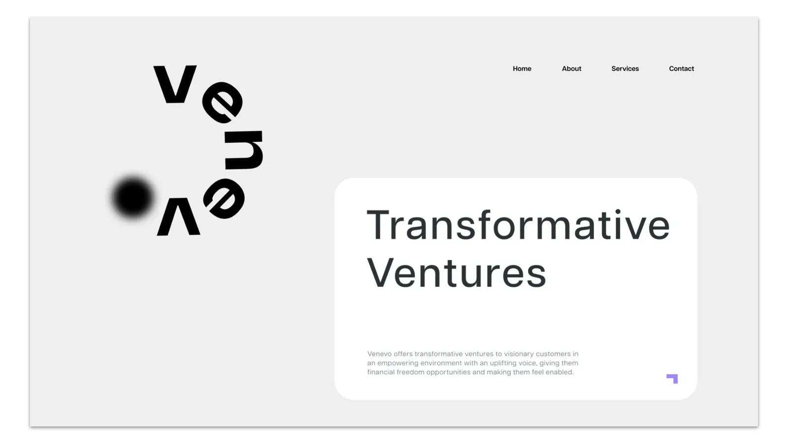 A light grey homepage with the orbiting logo and the headline Transformative Ventures