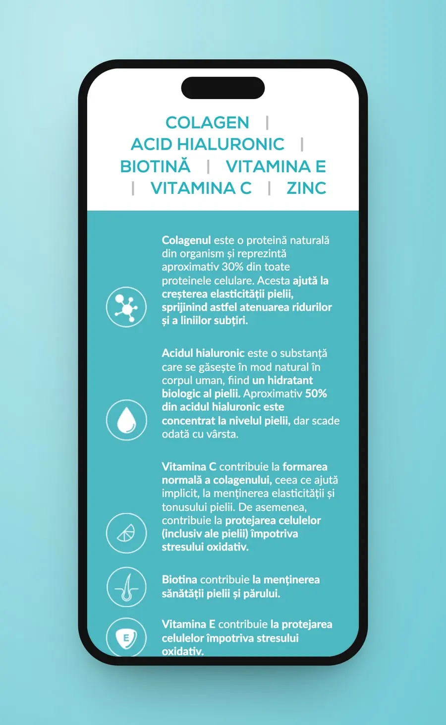 The ingredient line on a phone, over four rows, and the first ingredients with their icons on turquoise