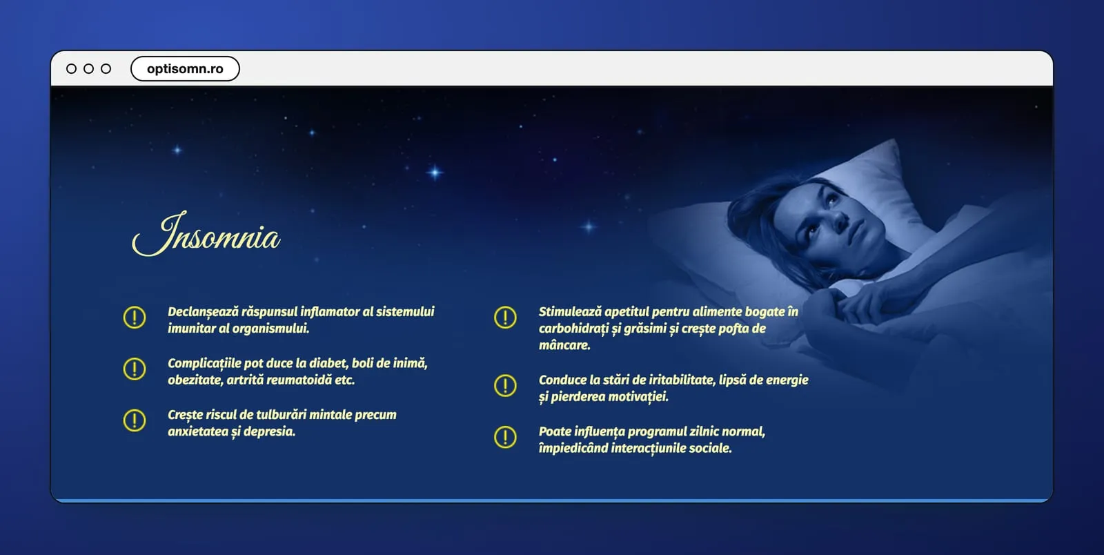 Insomnia: a woman awake in bed on a dark blue field, and six effects of a bad night beside yellow marks