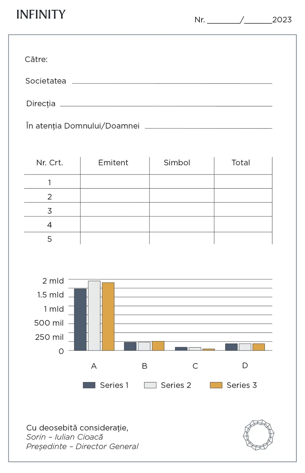 The letter template: recipient fields, a table, a bar chart in slate, mist and gold, and the ring at the bottom