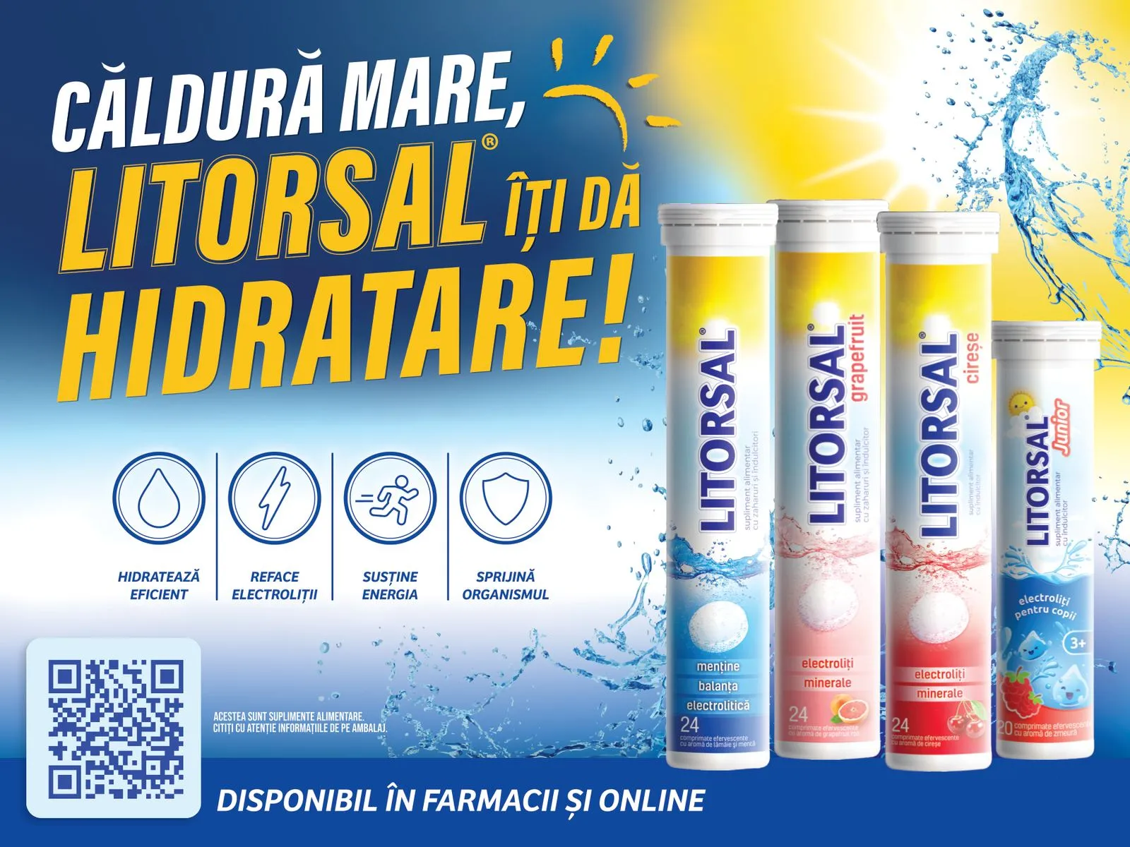 The 3.2 x 2.4 m billboard: the headline in yellow and white on blue, four tubes, four icons and a QR code