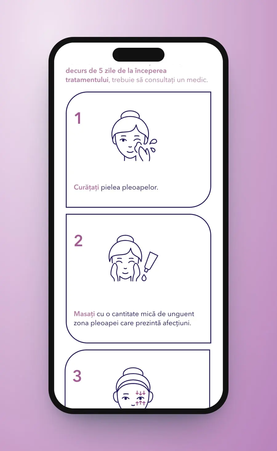 Instrucțiuni de utilizare on a phone: the numbered tiles with their line drawings, one under another