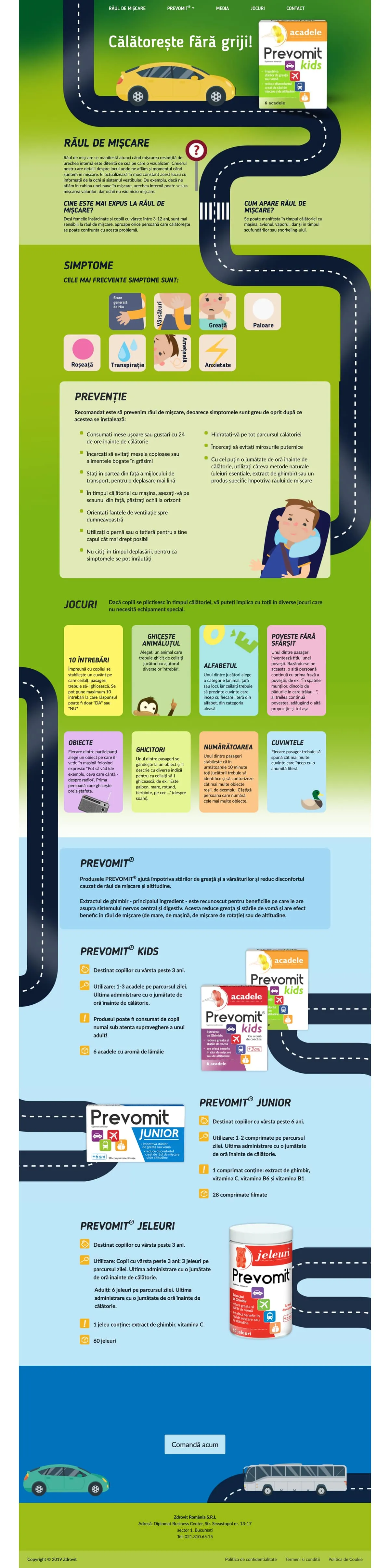The prevomit.ro/kids page, scrolling: the road from the yellow car at the top to a car and a bus at the bottom
