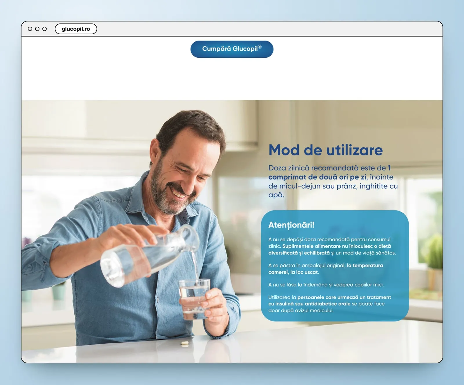 Mod de utilizare: a man pouring a glass of water, the daily dose and a blue Atenționări! card