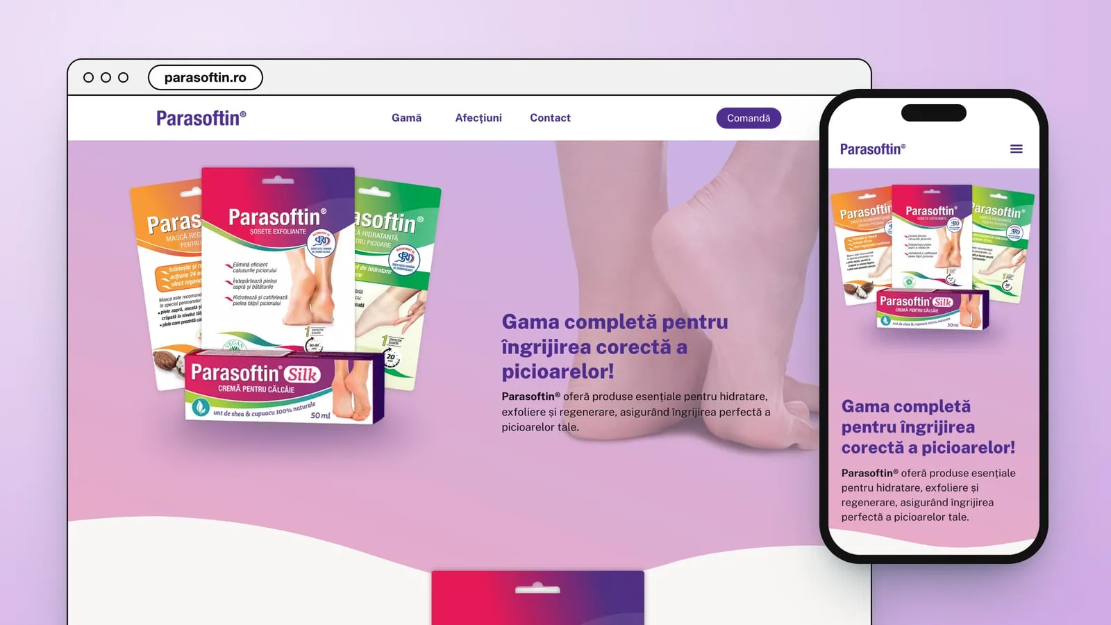 parasoftin.ro într-o fereastră de browser și pe telefon: patru ambalaje Parasoftin răsfirate lângă o pereche de tălpi goale, pe lila, și rândul „Gama completă pentru îngrijirea corectă a picioarelor!”