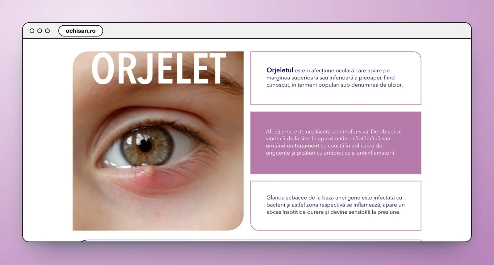 ORJELET in large white capitals over a photo of an eye with a stye on the lower lid, beside three rounded text tiles, one filled in lilac