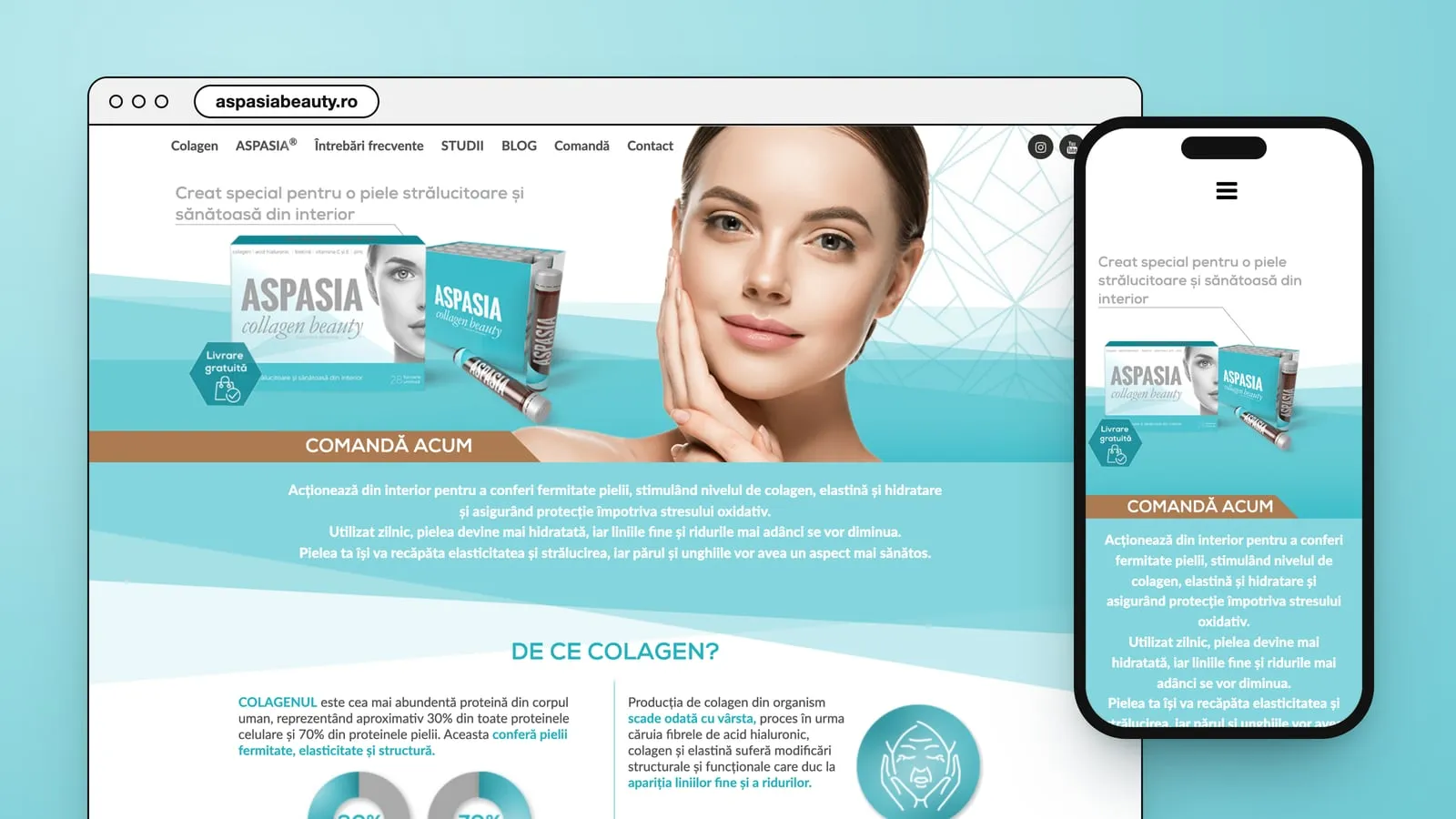 aspasiabeauty.ro in a browser window and on a phone: the Aspasia Collagen Beauty box, a vial and a woman's face, the line Creat special pentru o piele strălucitoare și sănătoasă din interior and a brown Comandă acum band