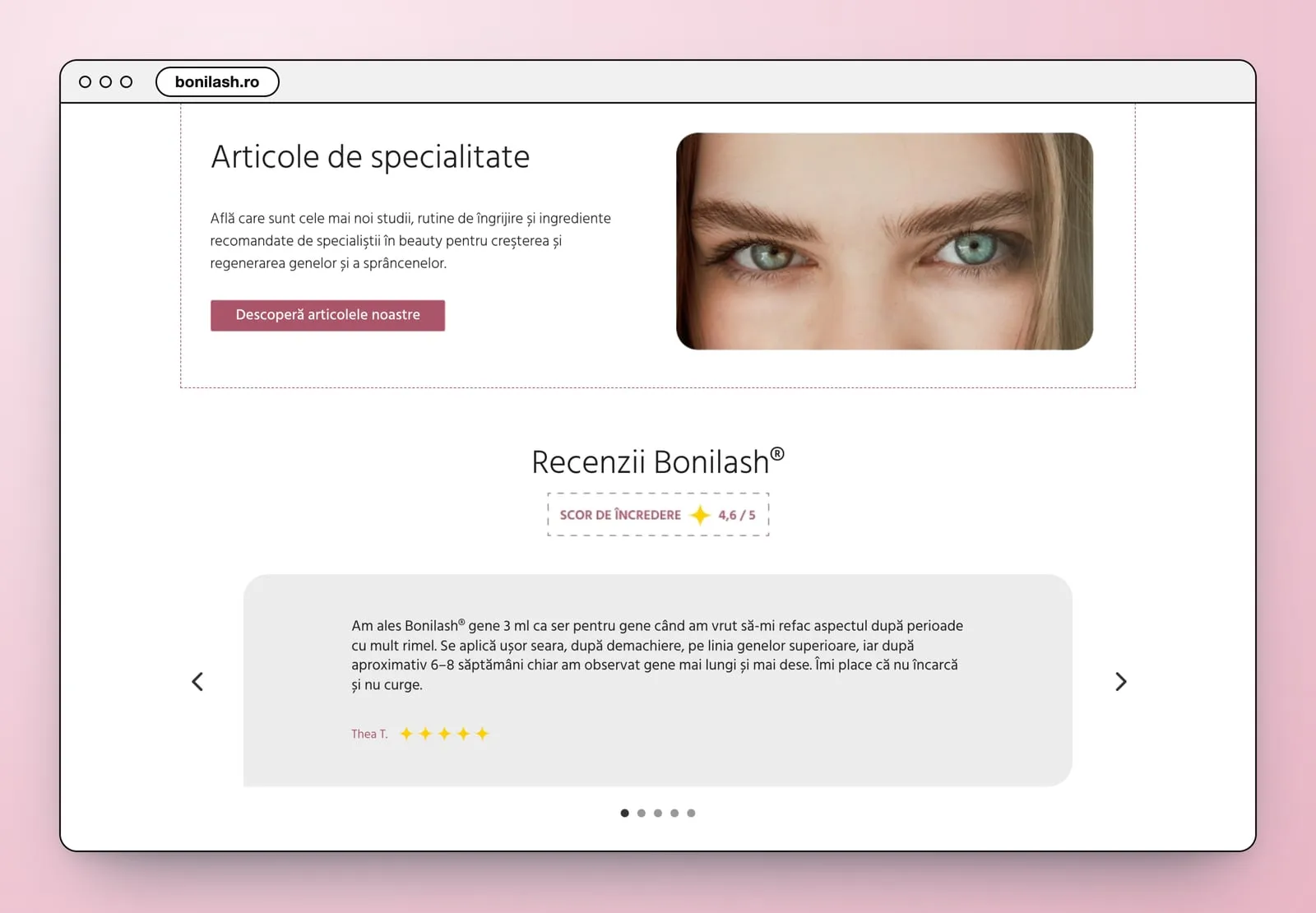 Articole de specialitate with a close-up of an eye, and Recenzii Bonilash®: a slider of customer reviews