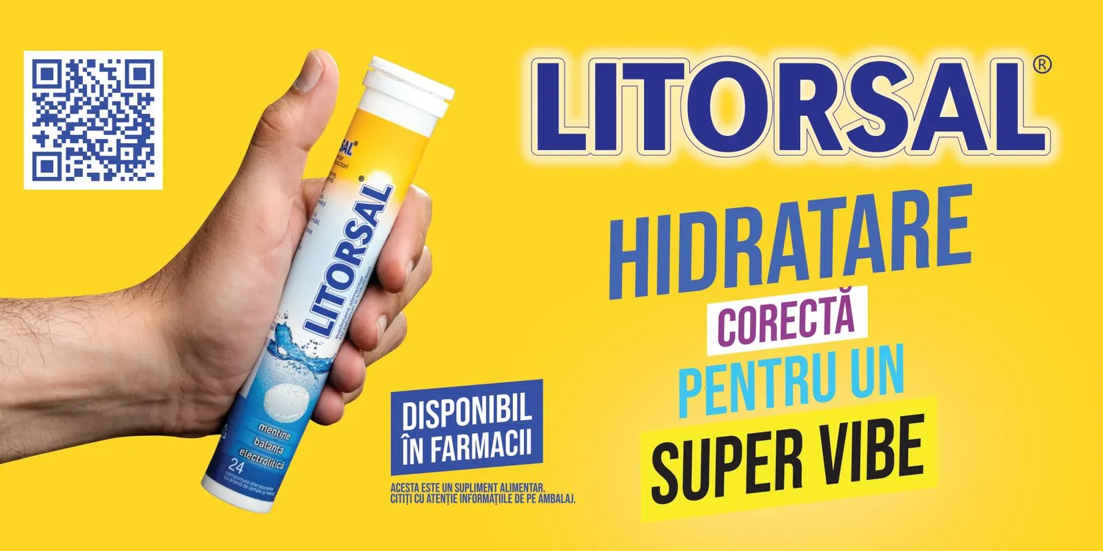 A wide yellow metro poster: the hand with the Litorsal tube, the headline Hidratare corectă pentru un super vibe and a QR code