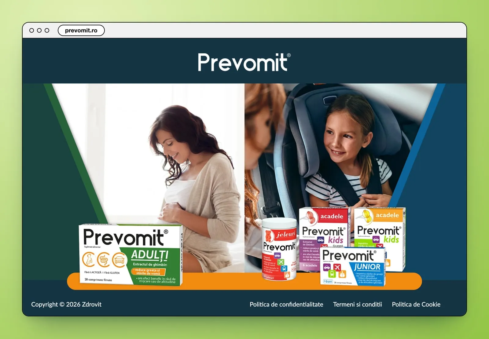 The prevomit.ro home page: the Prevomit logo on navy, a pregnant woman on green on the left with the Prevomit Adulți box, a girl in a car seat on blue on the right with the Kids, Junior and gummy packs, and an orange band across both
