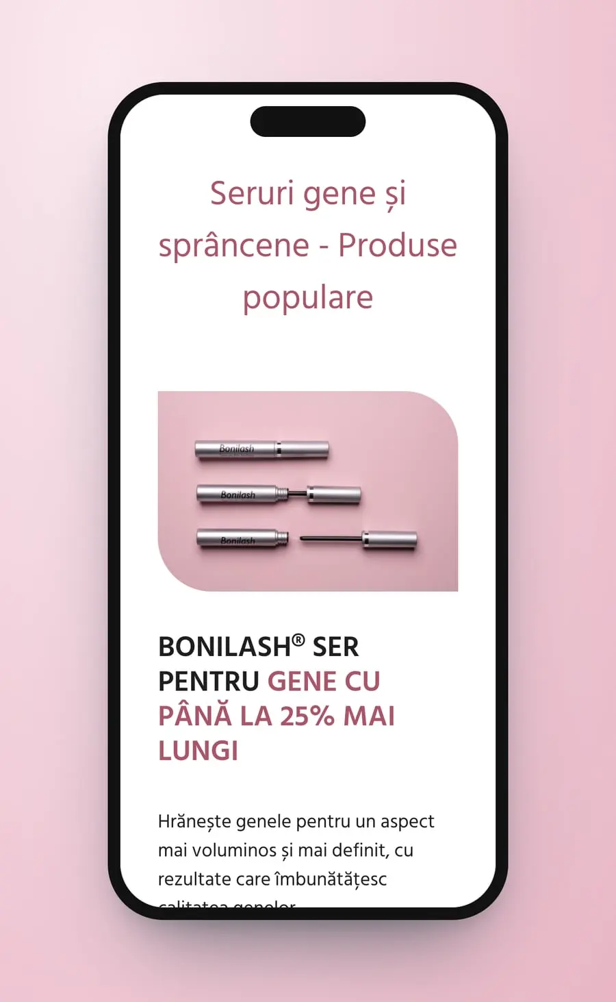 The lash serum on a phone: three silver tubes on pink, then its name and the 25% line