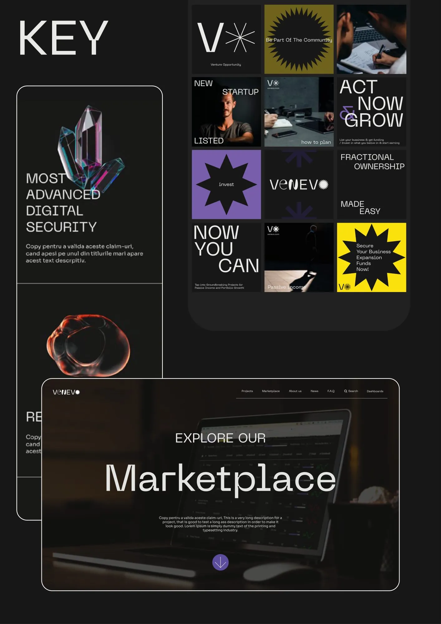 Guidelines page: key visuals with a crystal, the marketplace screen and social posts