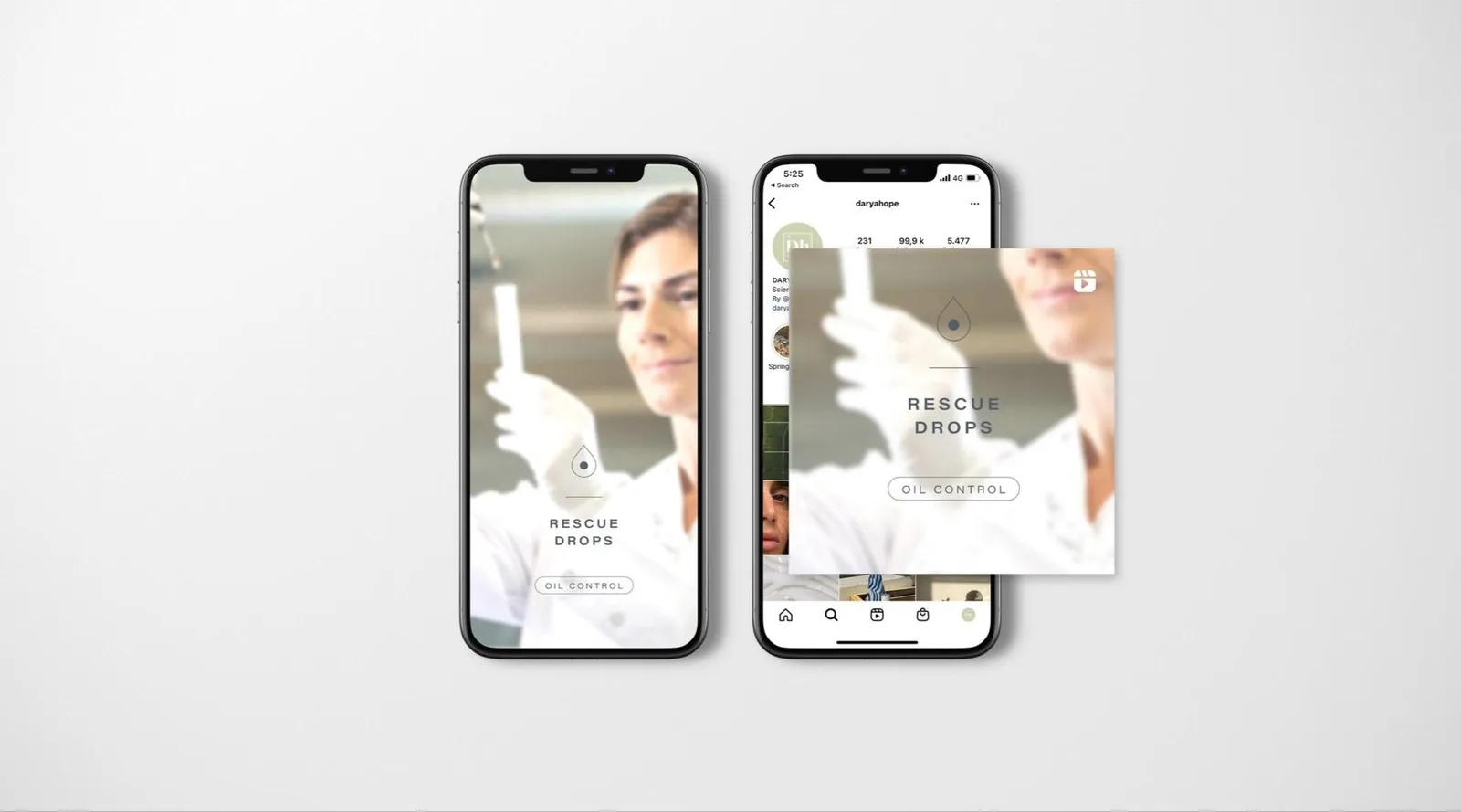 Două telefoane: o cercetătoare care ține o eprubetă și postarea Rescue Drops într-un feed de Instagram