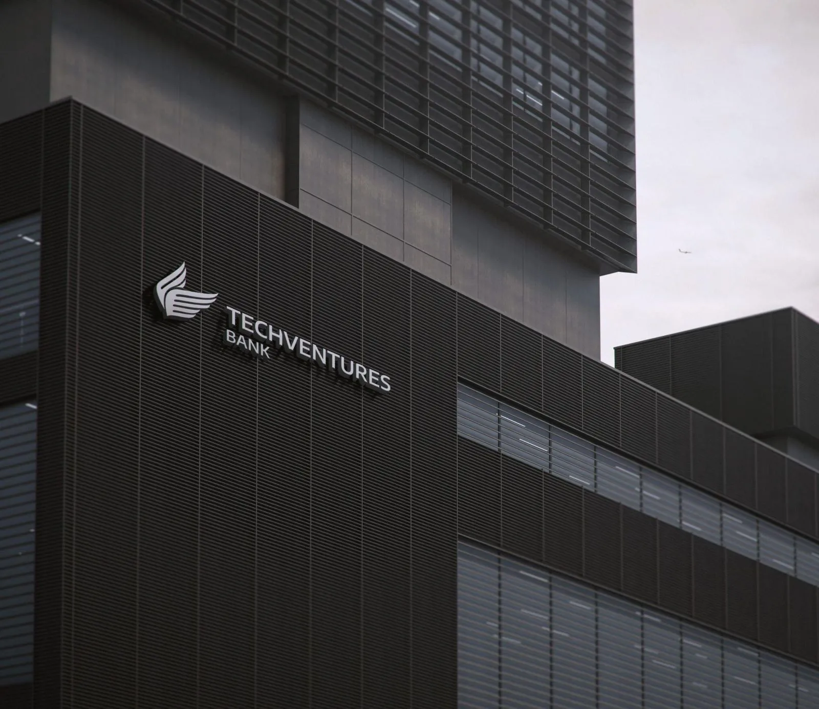 TechVentures Bank signage on a dark building