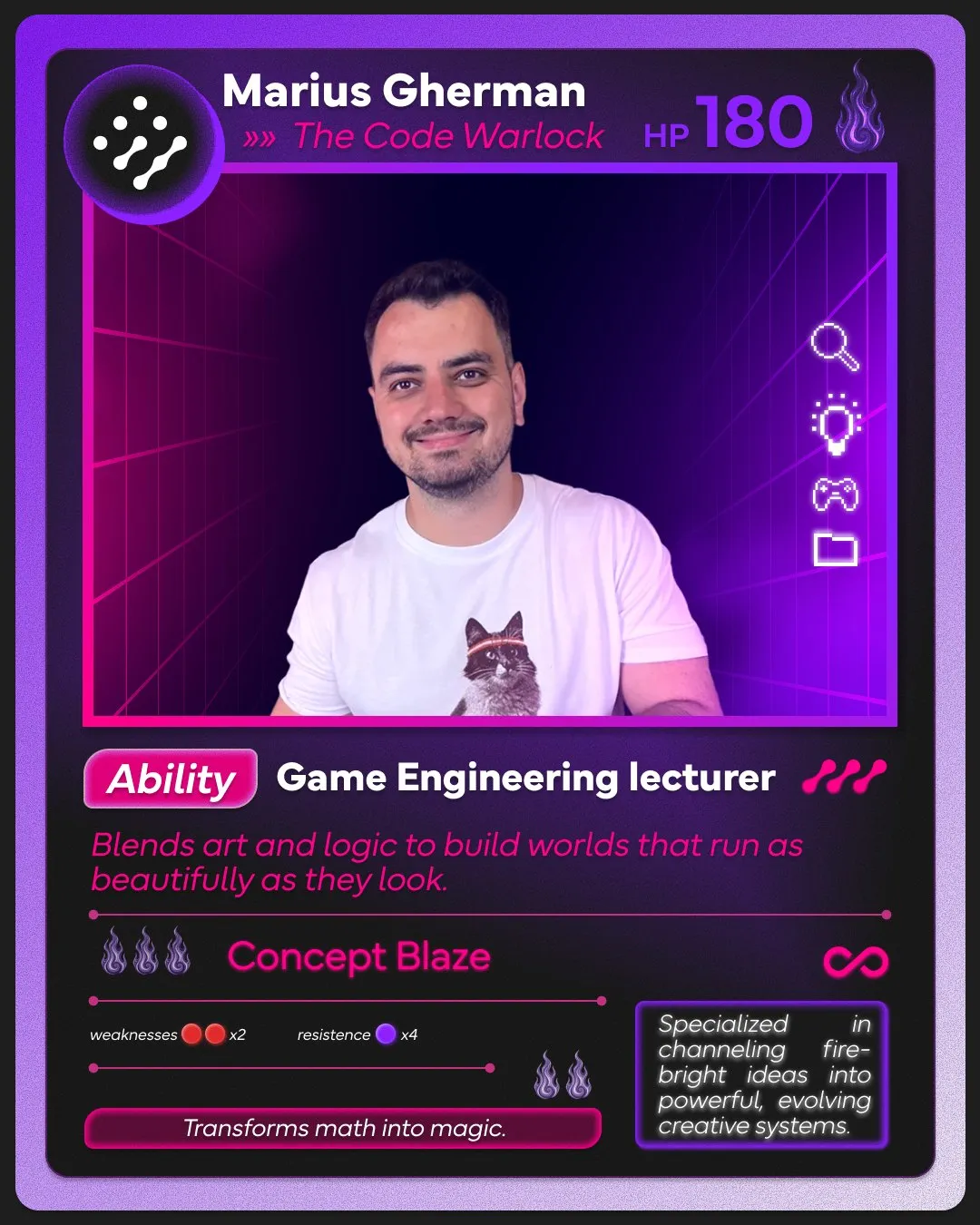 Game card: Marius Gherman, The Code Warlock, Game Engineering lecturer