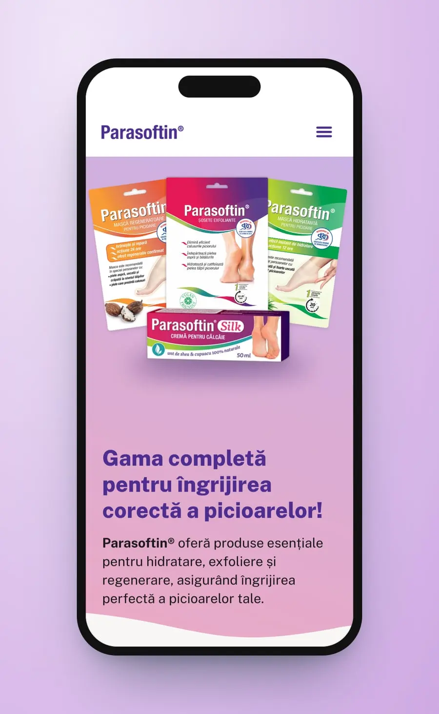 Primul ecran pe telefon: cele patru ambalaje pe lila și titlul
