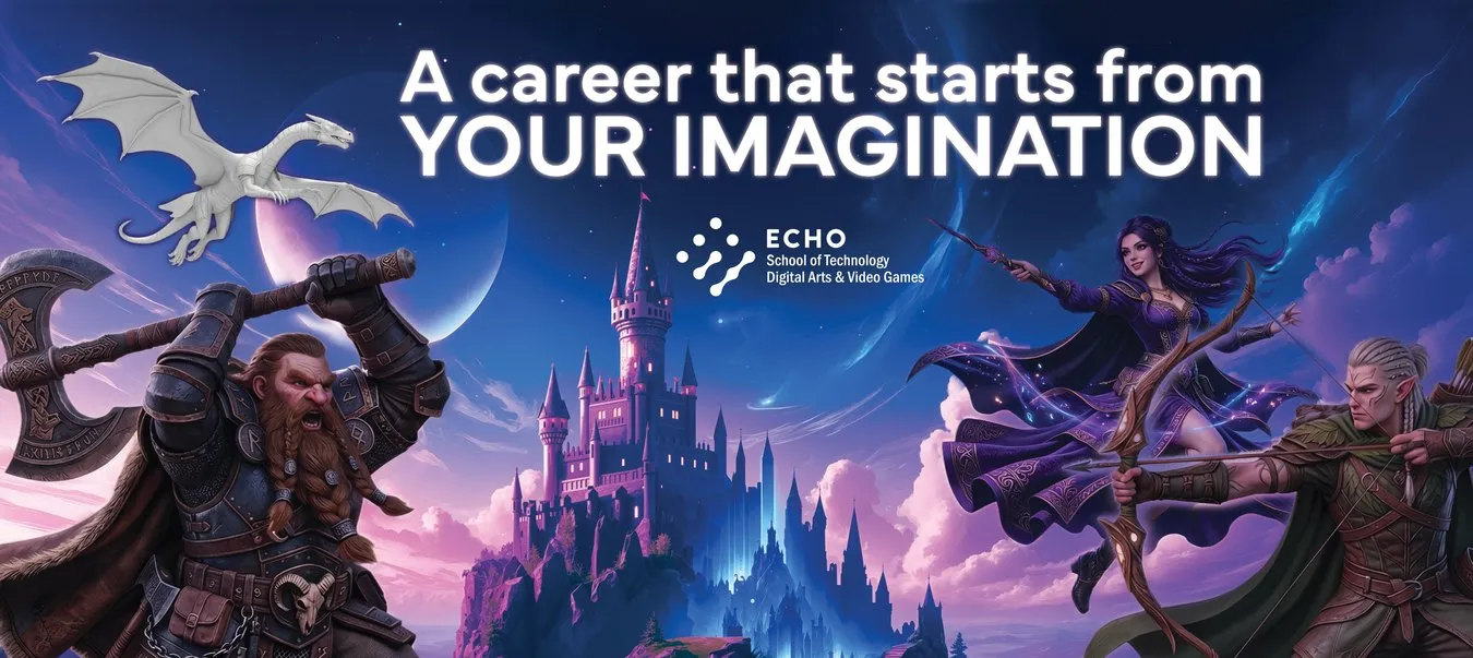 Fantasy heroes around a castle, under the line A career that starts from your imagination