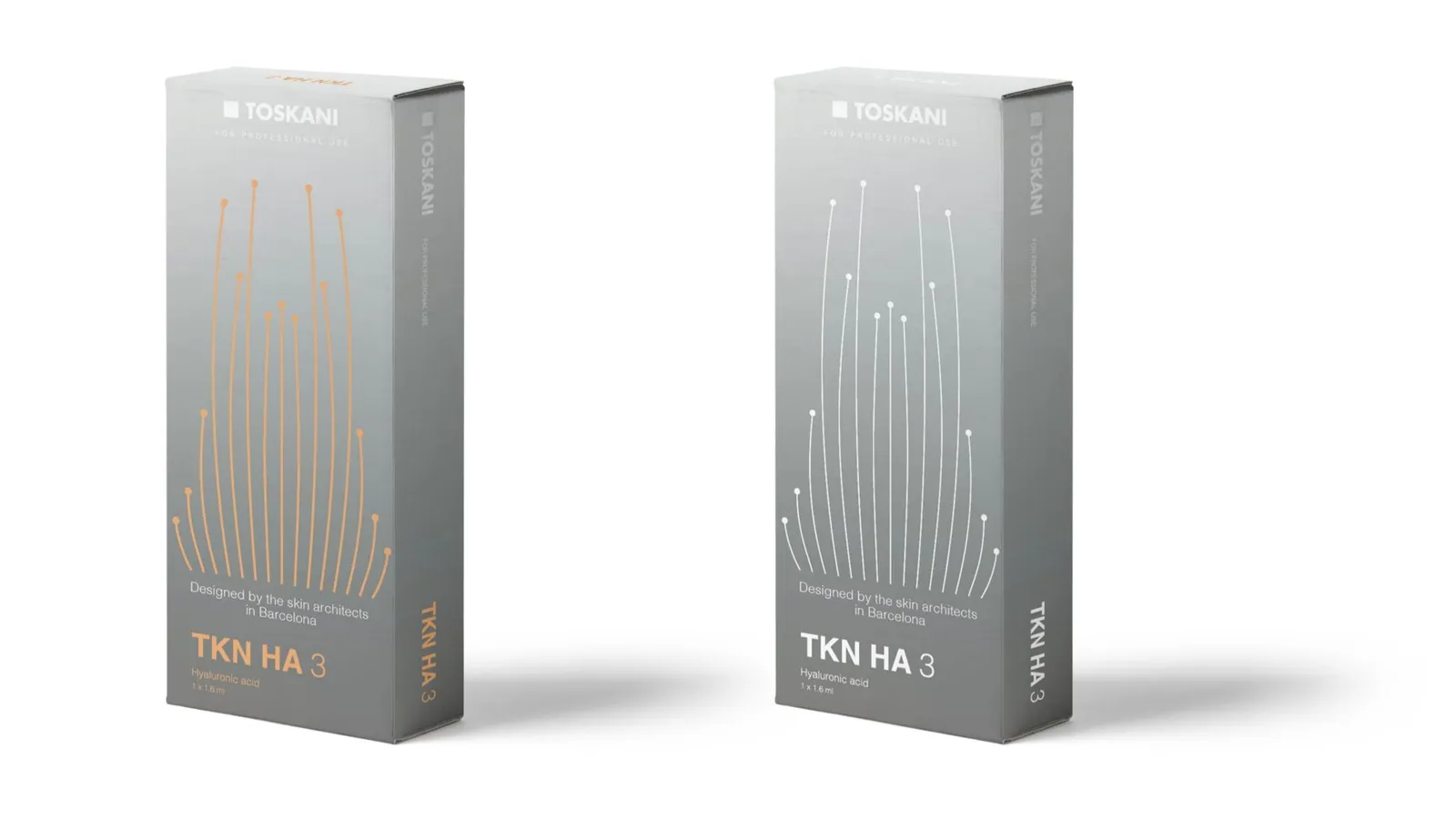 Two silver-grey TKN HA 3 boxes, one with orange lines, one with white lines