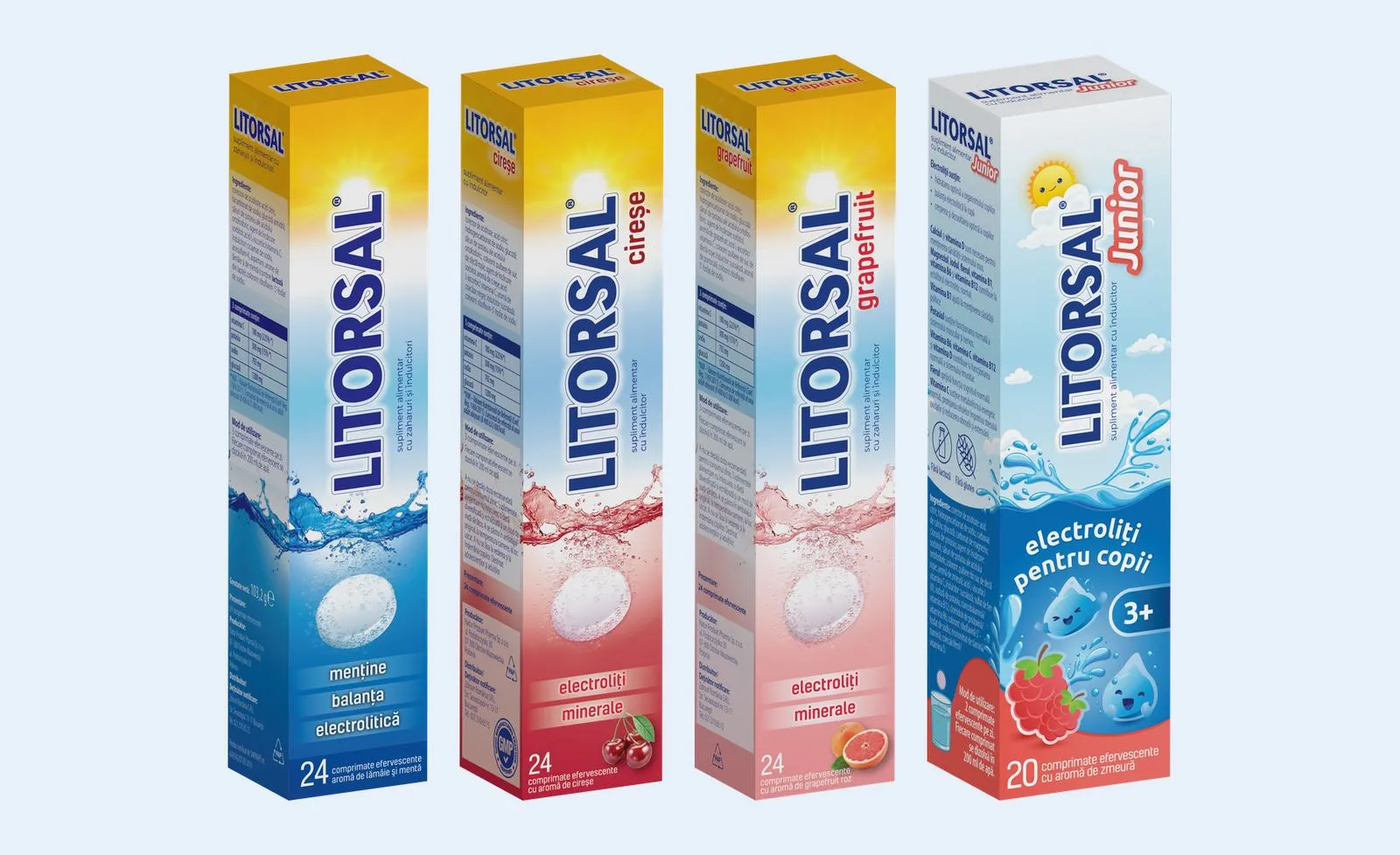Four Litorsal boxes: Clasic, Cireșe, Grapefruit and Junior