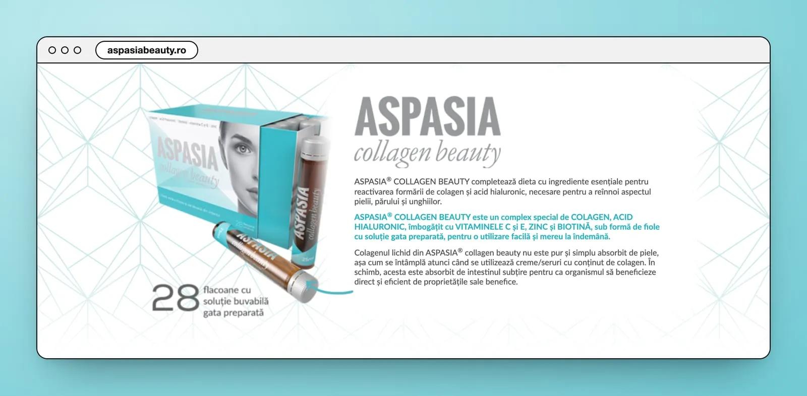 The Aspasia Collagen Beauty box open, a vial in front, 28 flacoane cu soluție buvabilă gata preparată, and the product text beside the logo