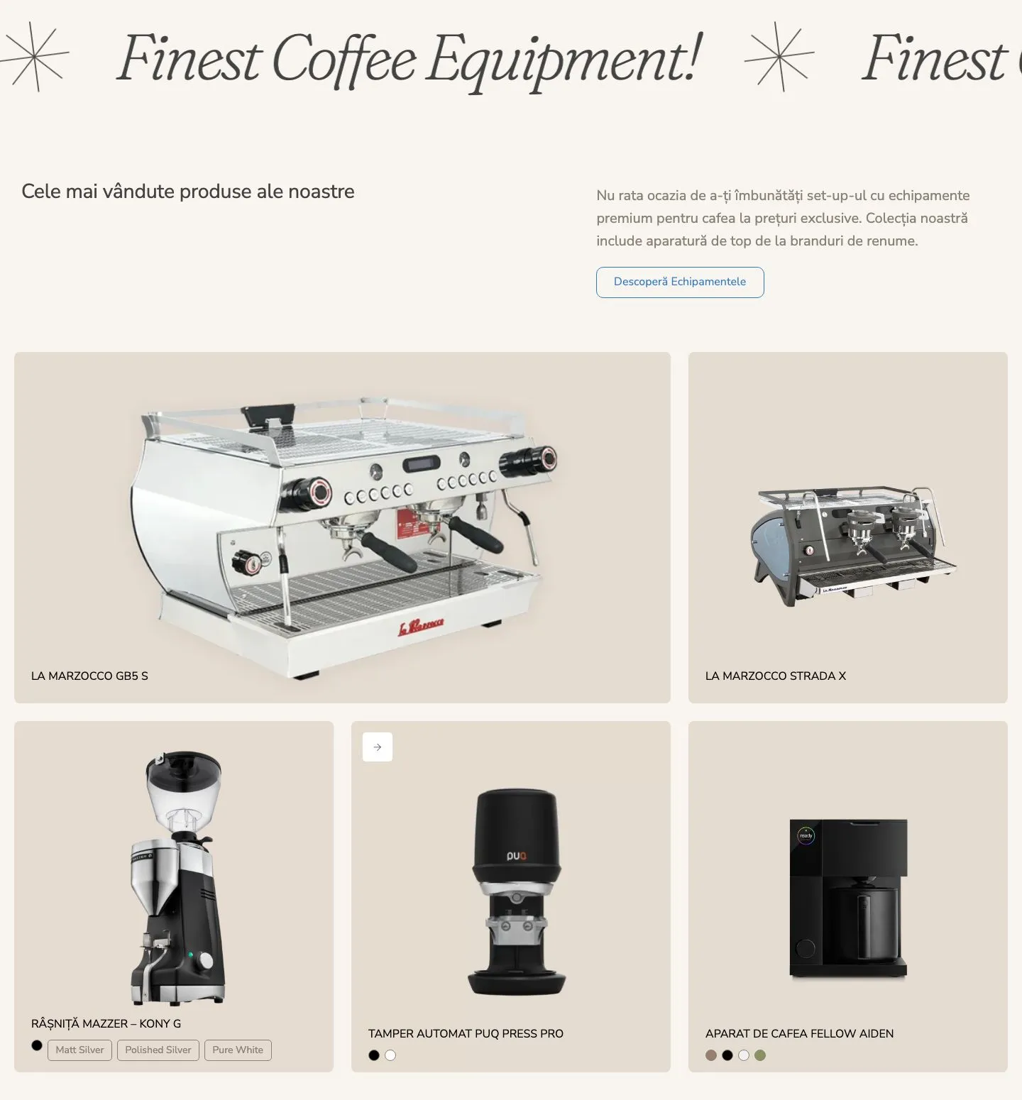 Best sellers grid: La Marzocco GB5 S, Strada X, Mazzer Kony G, PuQ Press Pro, Fellow Aiden