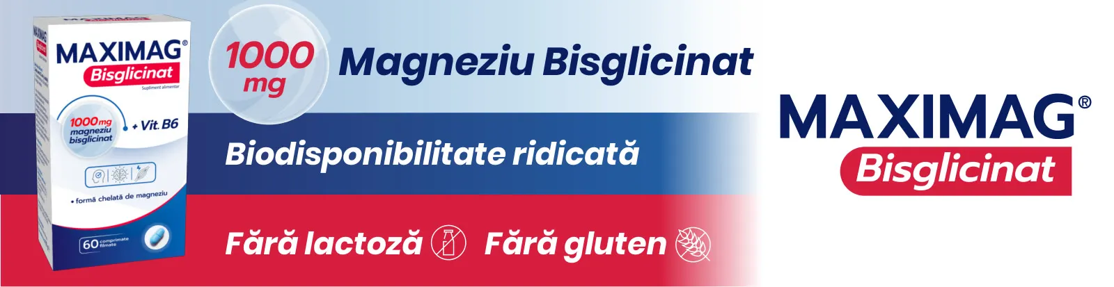 The banner: the box on the left, the 1000 mg bubble and Magneziu Bisglicinat, Biodisponibilitate ridicată on navy, Fără lactoză and Fără gluten on red, the logo on the right