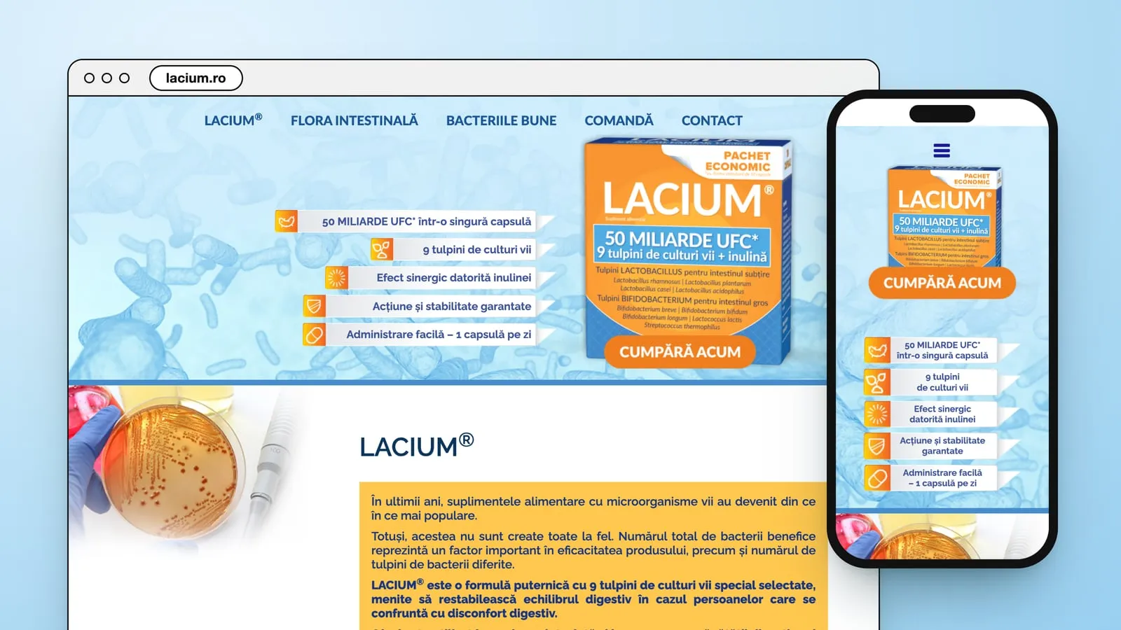 lacium.ro in a browser window and on a phone: the orange Lacium box on a field of blue bacteria, with five claims in white tags