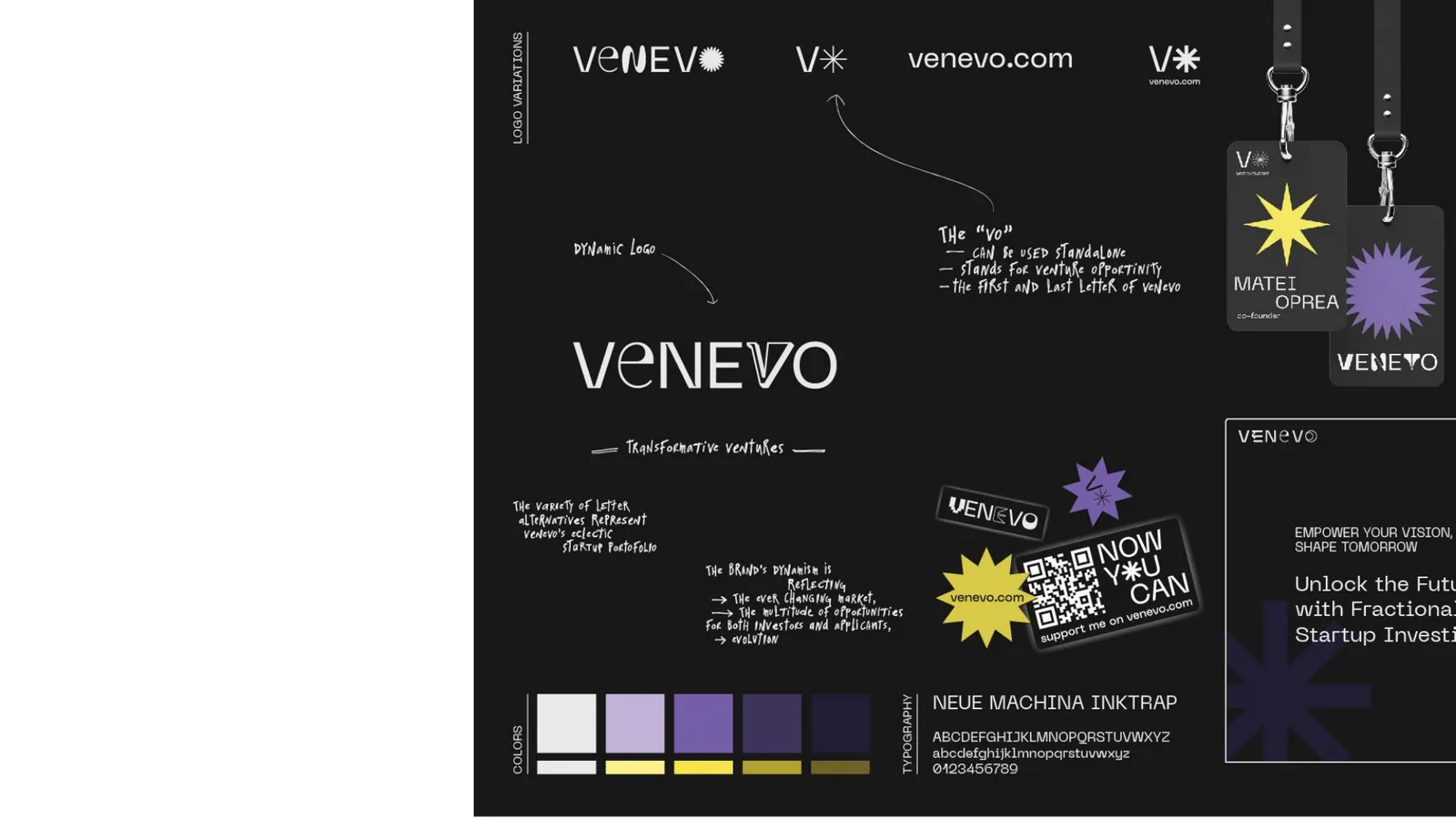 A brand sheet on black: the logo and its notes, a lanyard badge, stickers, phone and web screens, colours and type