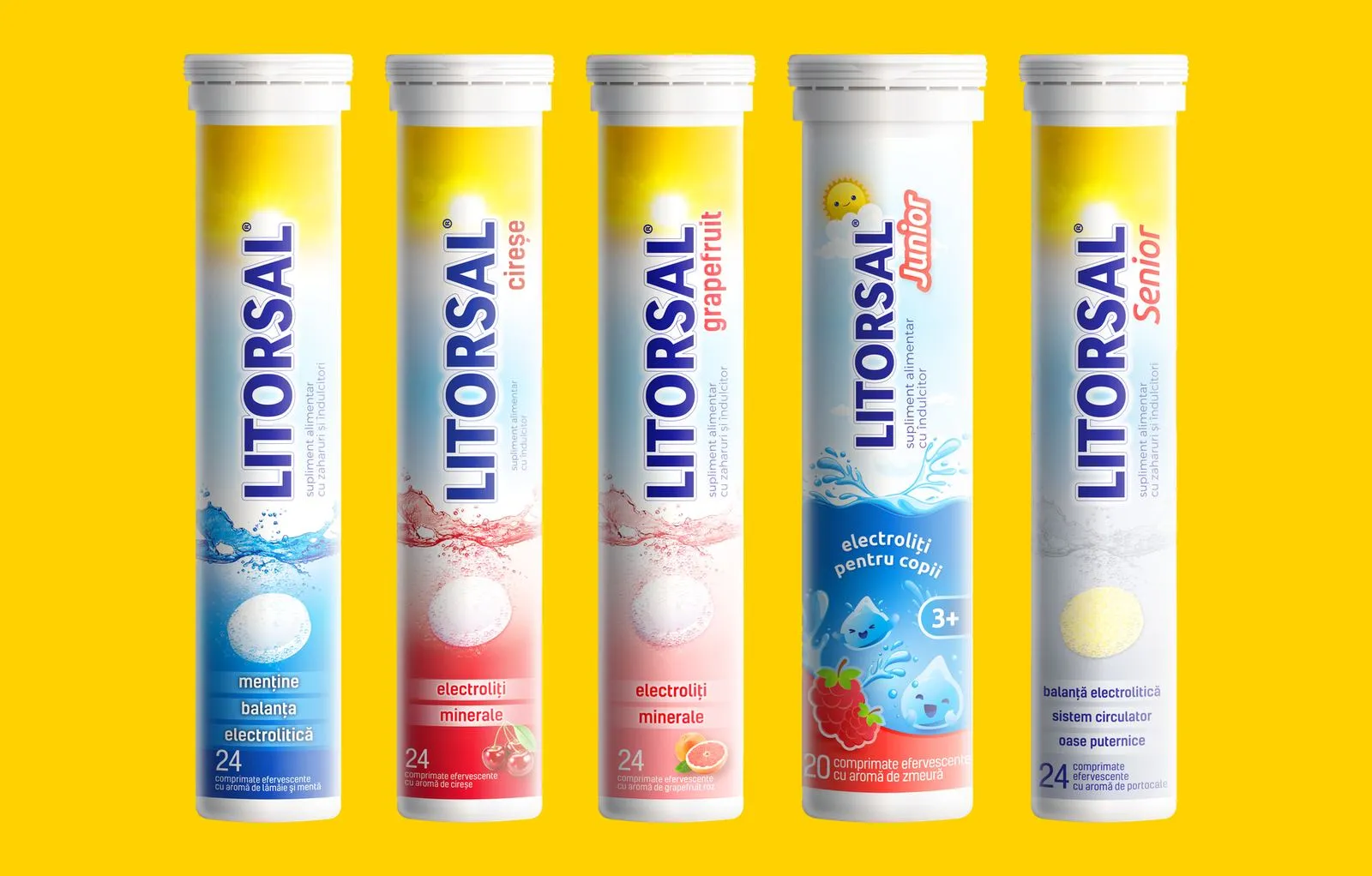 Five Litorsal tubes on yellow: Clasic, Cireșe, Grapefruit, Junior and Senior