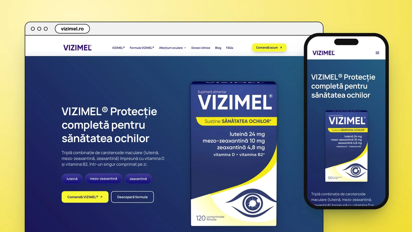 vizimel.ro într-o fereastră de browser și pe telefon: cutia bleumarin Vizimel, cu un ochi desenat, rândul „VIZIMEL® Protecție completă pentru sănătatea ochilor” și un buton galben „Comandă VIZIMEL®”