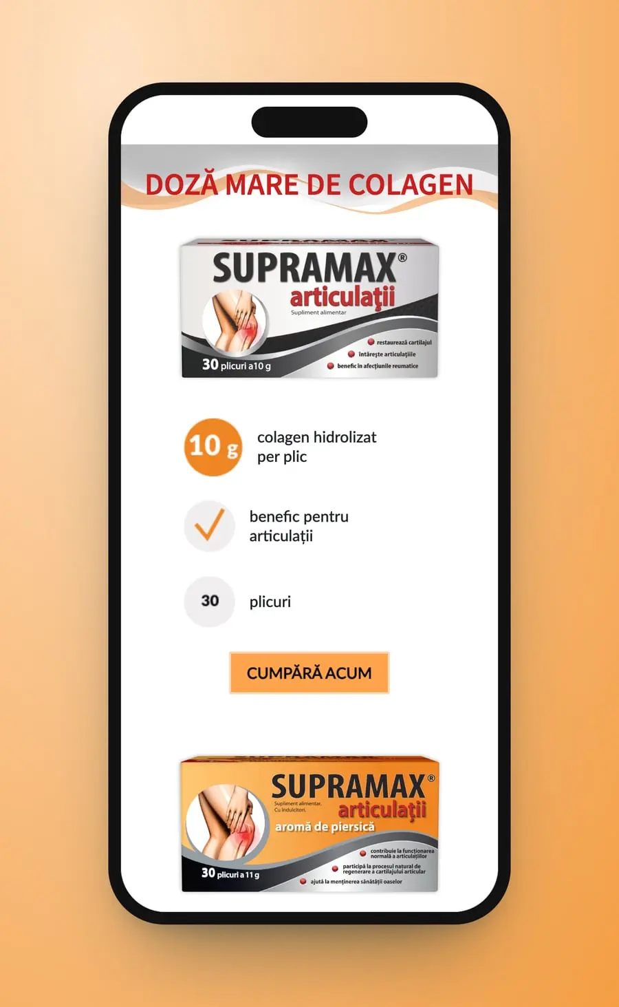 Doză mare de colagen on a phone: the first sachet box, its column and the Cumpără acum button, the peach box below