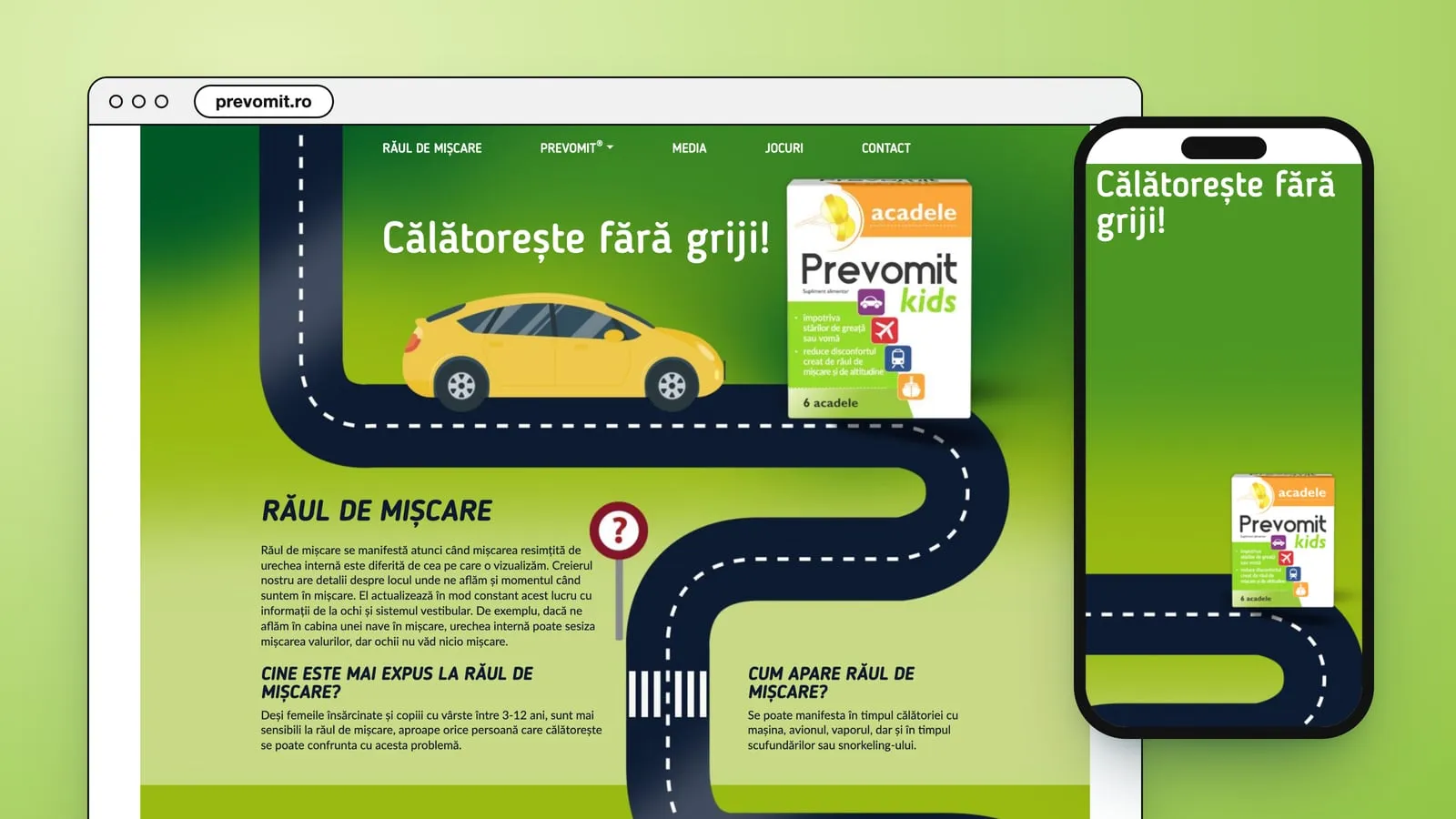 prevomit.ro/kids in a browser window and on a phone: a yellow car on a winding road, the line Călătorește fără griji! and a box of Prevomit Kids lollipops on green