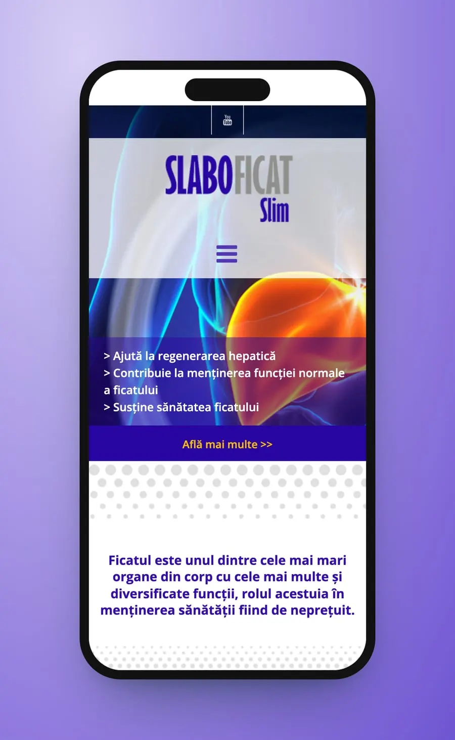 The first screen on a phone: the Slaboficat Slim logo, the menu icon, the liver and three lines on violet, Află mai multe and the sentence about the liver